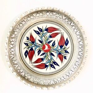 Vintage Promotional Turkish Airlines Silver Plate & Iznik Ceramic Wall Decor